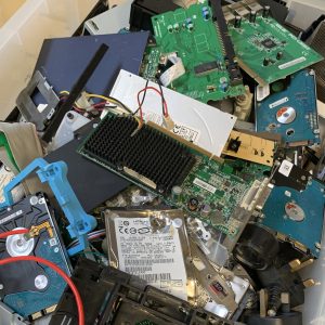 A box of electronic waste to illustrate old computer parts